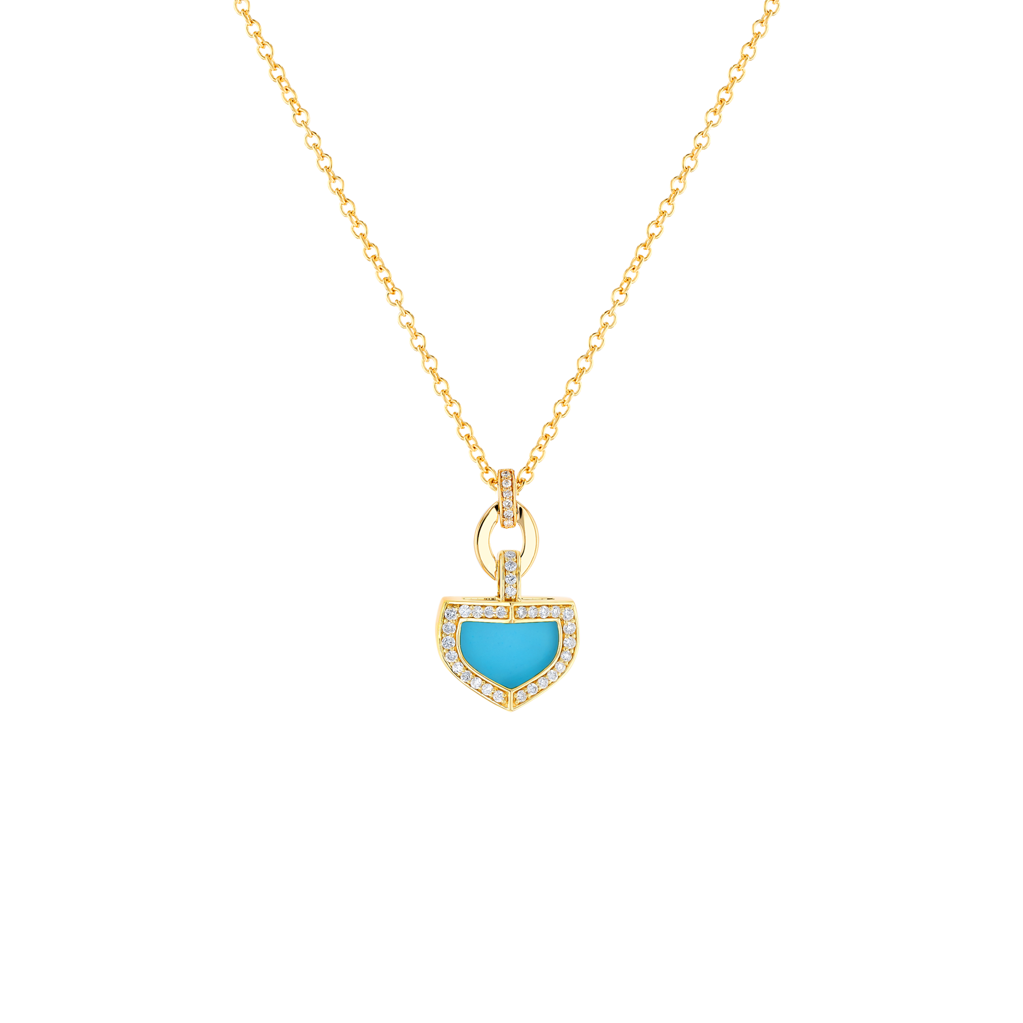 Dome Art Deco Yellow Gold Necklace with Turquoise and Diamond