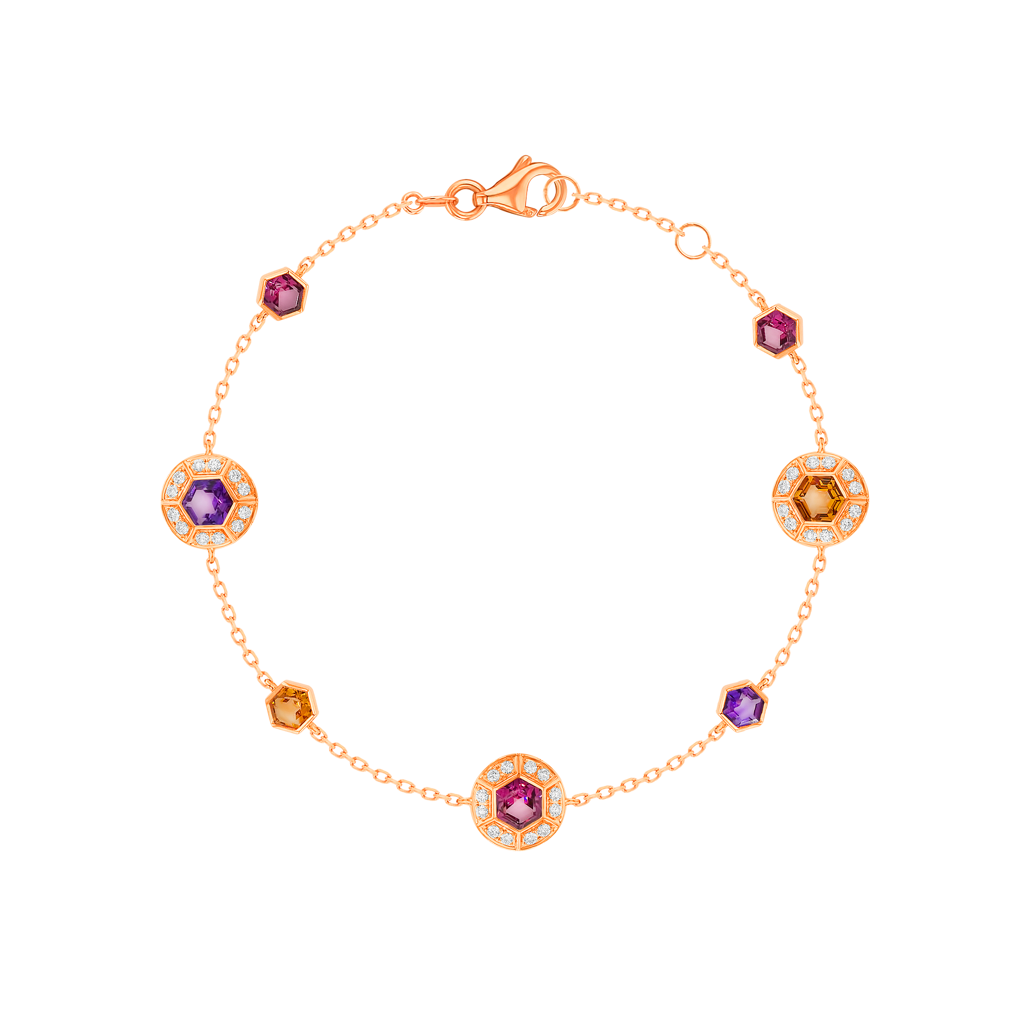 Kanzi Bracelet in 18K Rose Gold and studded with Raspberry Rhodolite Orange Citrine,
and Purple Amethyst