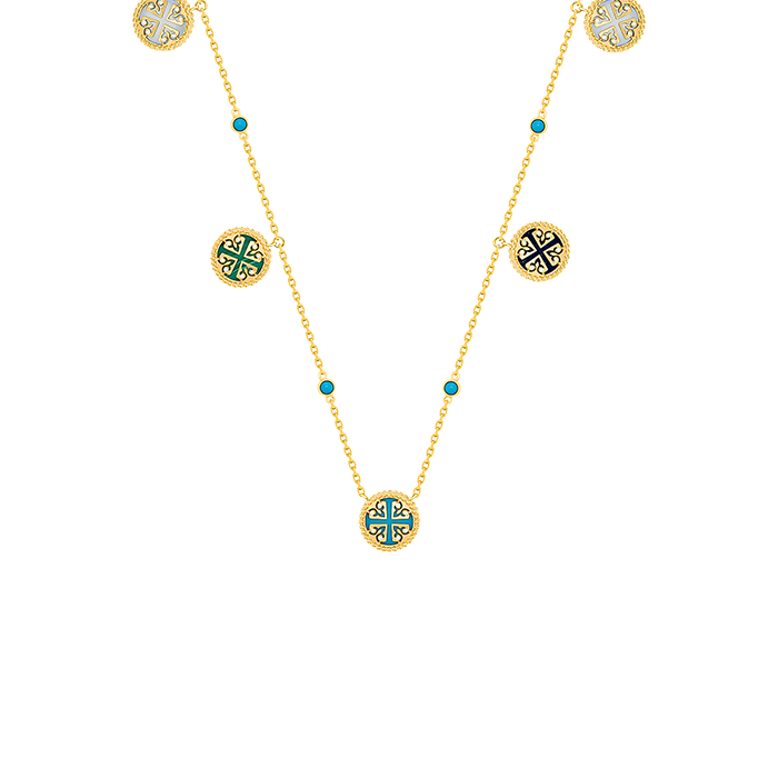 Lace Petite Yellow Gold Diamond Necklace with Condensed Turquoise, Lapis Lazuli, Malachite and Mother of Pearl