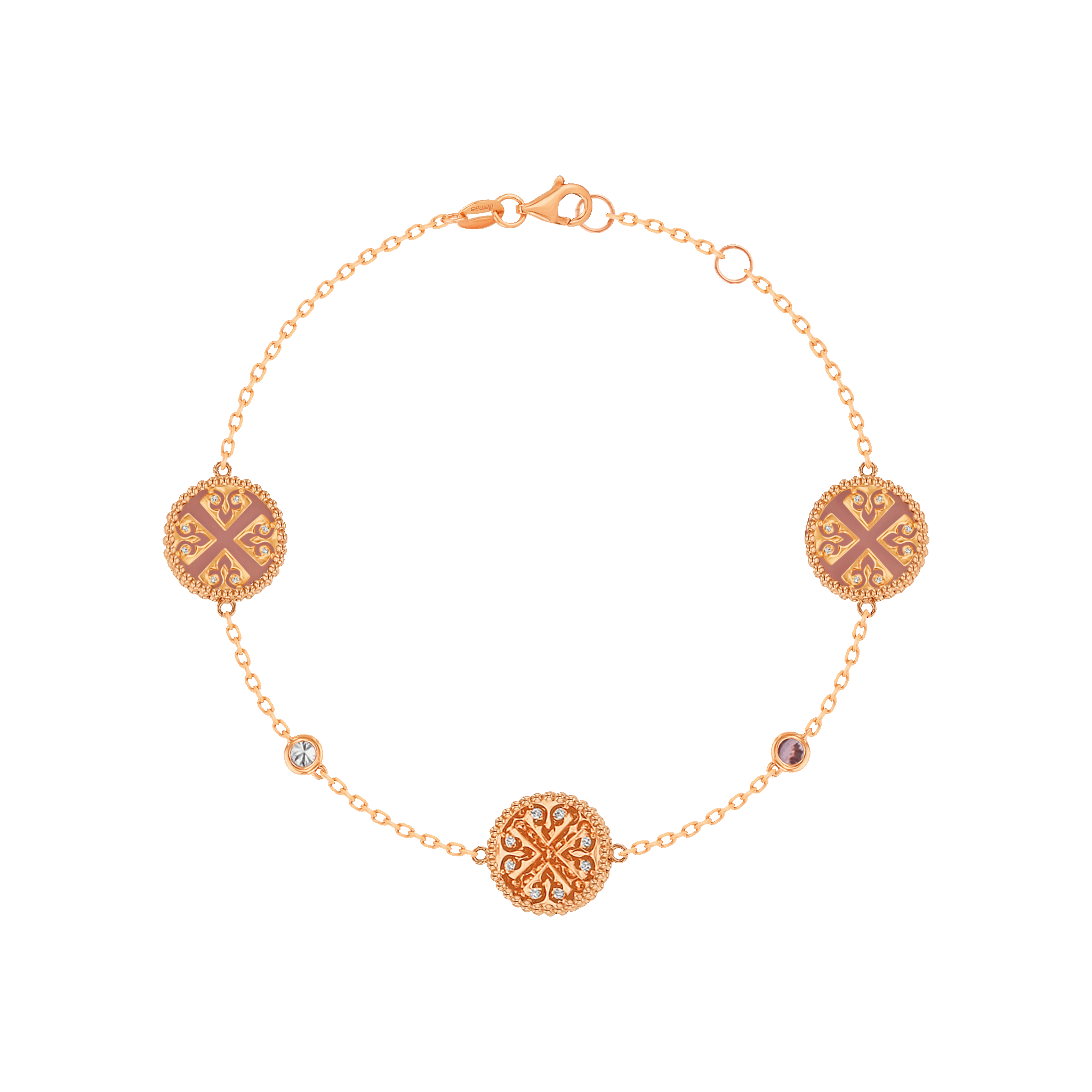 Lace Triple Medallion Bracelet in 18K Rose Gold With Pink Opal, Pink Sapphire And Diamonds